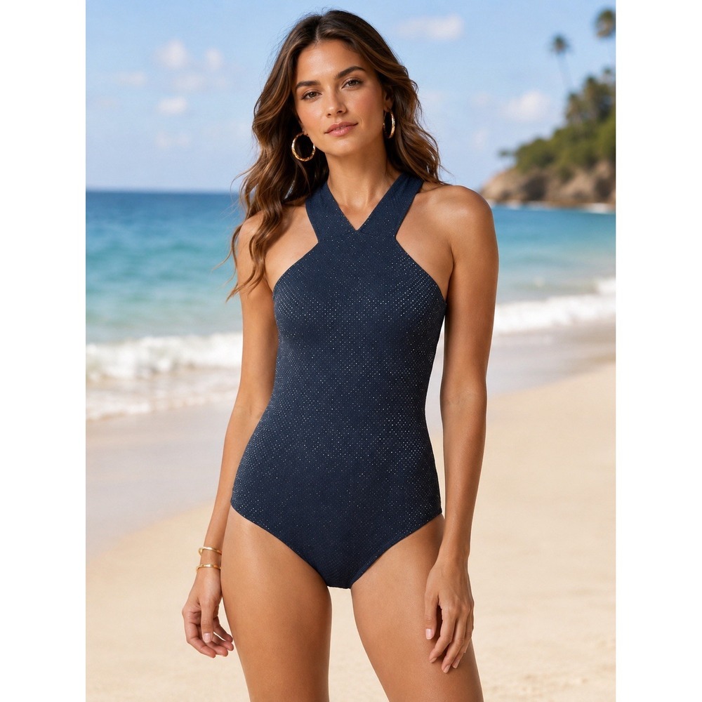 Shoshanna One Piece Swimsuit Size 2 Navy‎ Silver Metallic High Neck NWT